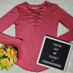 NWOT Red Criss Cross V Neck Long Sleeve Tee XSMALL